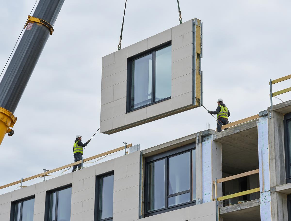 Izado de un panel de fachada industrializada sobre un edificio en construcción