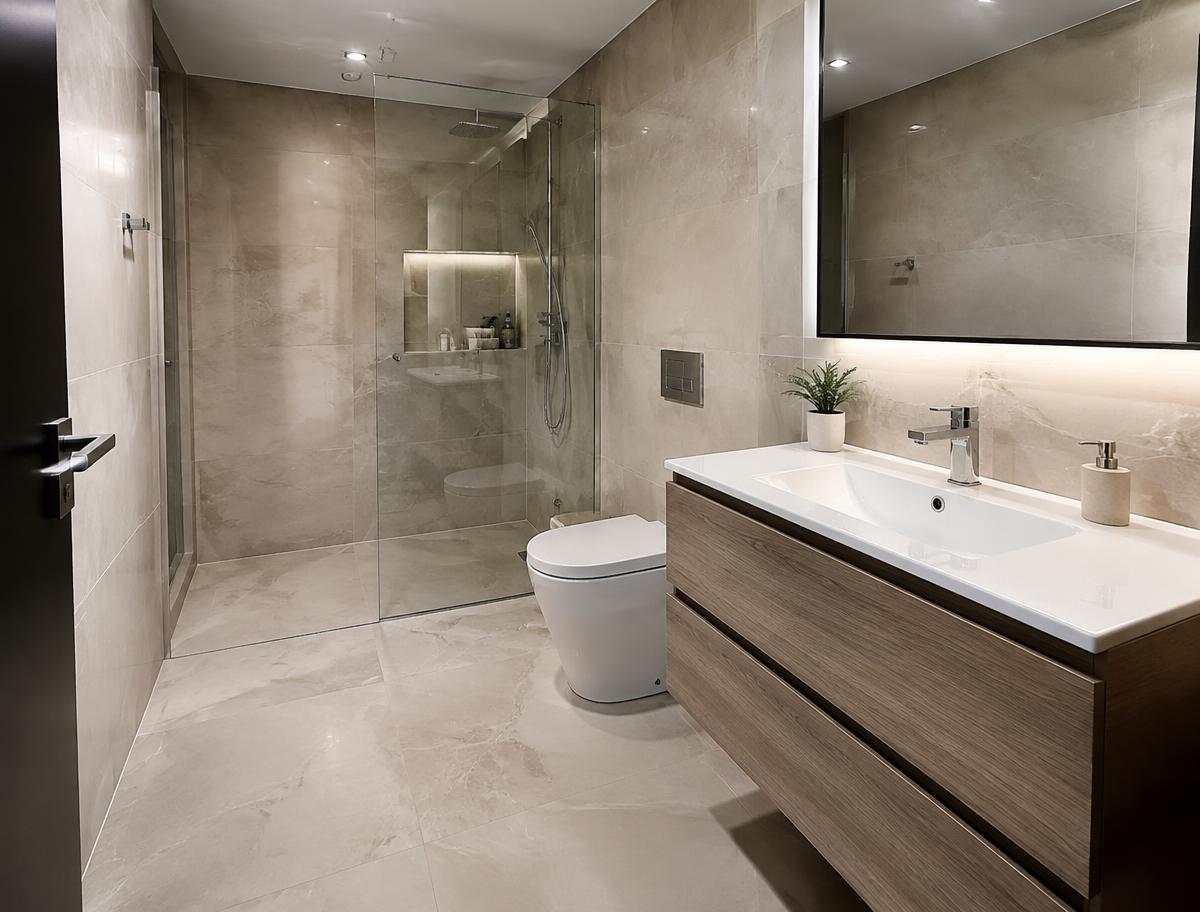 Baño industrializado con ducha y mueble lavabo